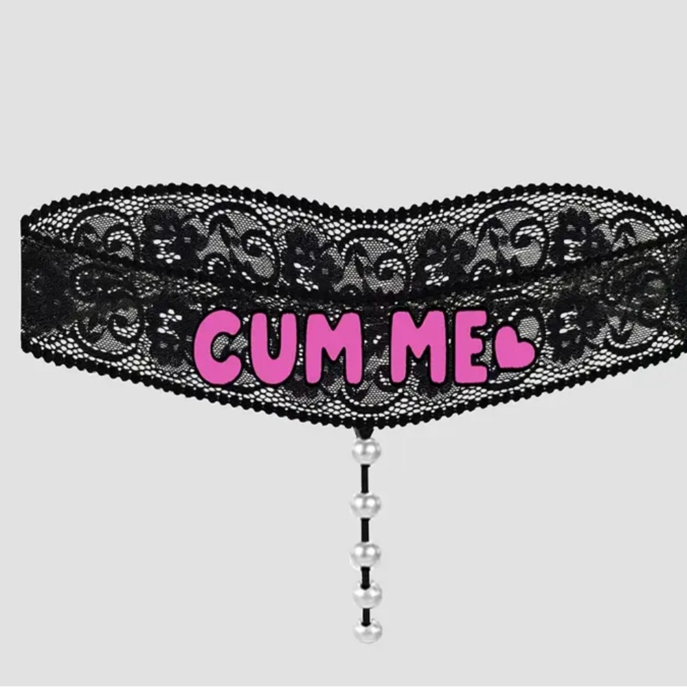 Black Lace Choker with Pink Lettering and Pearl Detail